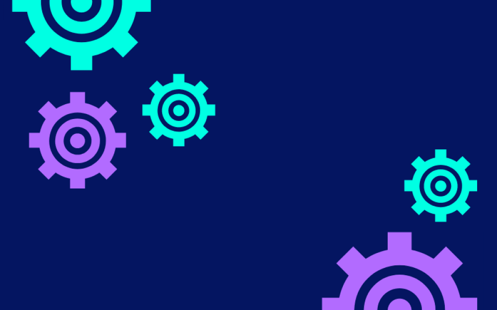 Teal and purple gears on a background of navy